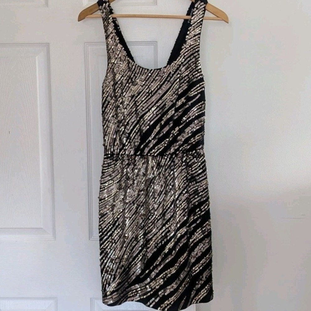Express Black Gold Silver Sequin Surplice Back Mini Cocktail Dress Sz S Glam
